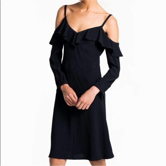 A.L.C. Felicia Cold-Shoulder Ruffle Black Dress 10 - Picture 1 of 12